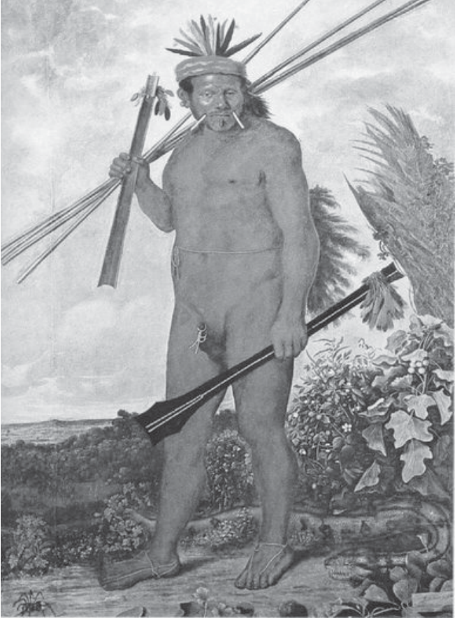 Pintura "Índio Tapuia" de Albert Eckhout mostrando um indígena nu em pé, segurando arco, flechas e porrete em uma paisagem tropical com vegetação