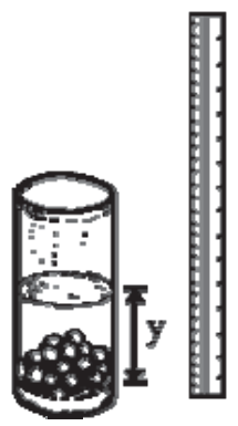 F1 Copo com água e bolas de vidro no fundo, com indicação do nível da água y por uma seta vertical de duas pontas, posicionado ao lado de uma régua vertical graduada.
