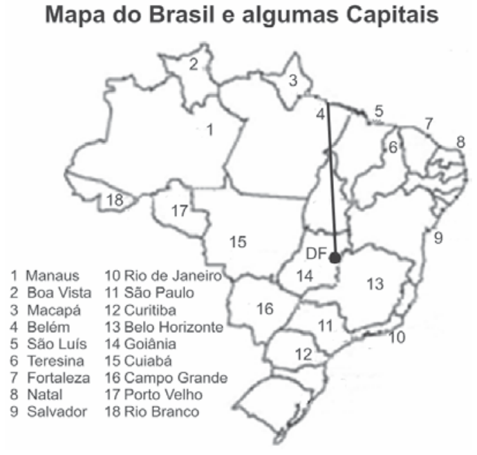 F1 Mapa do Brasil com estados delimitados, marcando o ponto DF com uma linha reta até o ponto 4 (Belém). Há uma lista numerada de 1 a 18 associando cada número a uma capital brasileira.