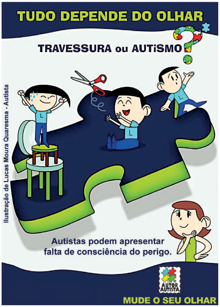 Cartaz intitulado "Tudo depende do olhar", com a pergunta "Travessura ou autismo?". No centro, sobre uma grande peça de quebra-cabeça azul-escura com borda verde, aparecem ilustrações de crianças em situações potencialmente perigosas: uma em pé sobre dois bancos empilhados, outra sentada próxima a uma tesoura suspensa cortando um fio, e outra inclinando-se da borda. Abaixo, uma mulher observa pensativa, acompanhada do texto "Autistas podem apresentar falta de consciência do perigo." e, no rodapé, "Mude o seu olhar".
