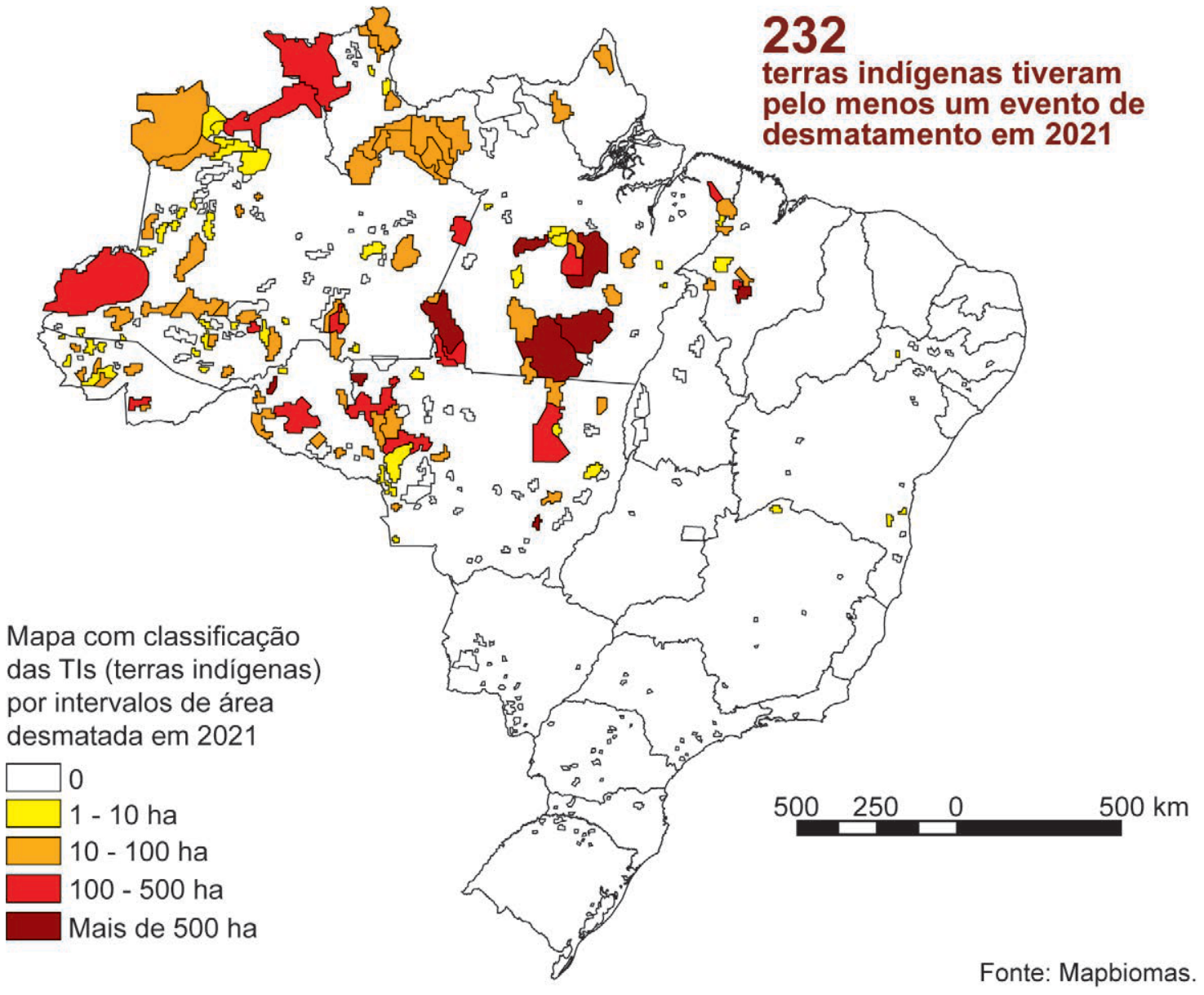 Mapa do Brasil mostrando a distribuição e classificação de terras indígenas por intervalos de área desmatada em 2021. No canto superior direito, lê-se em destaque: "232 terras indígenas tiveram pelo menos um evento de desmatamento em 2021". A legenda indica as cores das áreas: branco (0 ha), amarelo (1 - 10 ha), laranja (10 - 100 ha), vermelho (100 - 500 ha) e marrom-escuro (Mais de 500 ha), concentrando-se principalmente na Região Norte e Centro-Oeste.