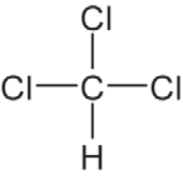 Fórmula estrutural plana do triclorometano (clorofórmio), com um átomo central de carbono ligado a três átomos de cloro e a um átomo de hidrogênio.