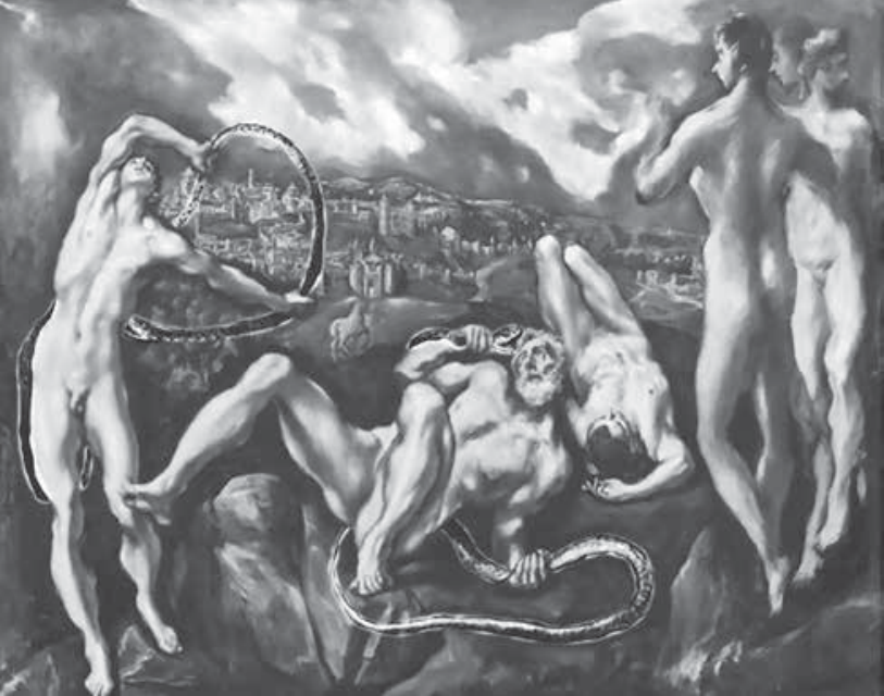 Pintura a óleo sobre tela intitulada Laocoonte, de El Greco, representando figuras humanas nuas e alongadas atacadas por serpentes em primeiro plano, com uma cidade e colinas ao fundo sob céu nublado.