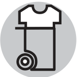 Ícone circular cinza com o desenho de uma camiseta sobreposta a uma lixeira sobre rodas.