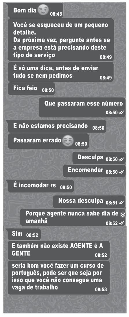 Captura de tela de uma conversa por aplicativo de mensagens instantâneas entre uma atendente de asilo e uma candidata à vaga de emprego.