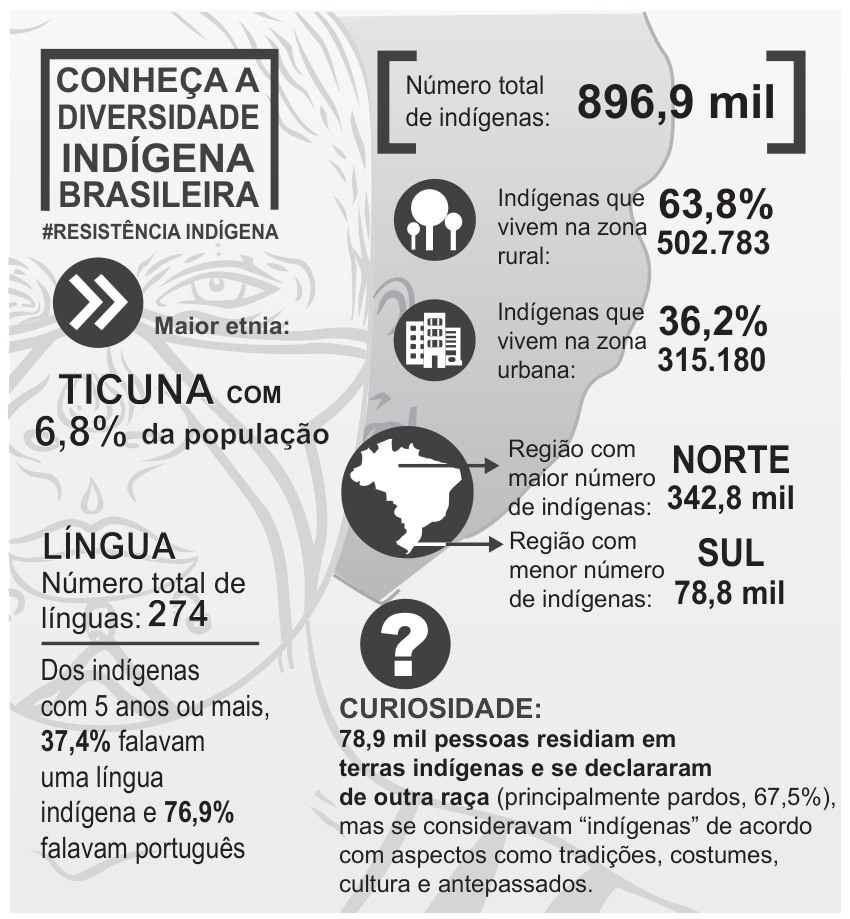 Infográfico com o título "Conheça a diversidade indígena brasileira #Resistência Indígena", apresentando dados demográficos e culturais: número total de indígenas (896,9 mil), indígenas na zona rural (63,8% / 502.783) e na zona urbana (36,2% / 315.180), maior etnia (Ticuna com 6,8% da população), línguas faladas (total de 274; 37,4% falavam língua indígena e 76,9% falavam português entre os com 5 anos ou mais), regiões com maior número (Norte, 342,8 mil) e menor número (Sul, 78,8 mil), além de uma curiosidade sobre pessoas residentes em terras indígenas autodeclaradas de outra raça que se consideravam indígenas.