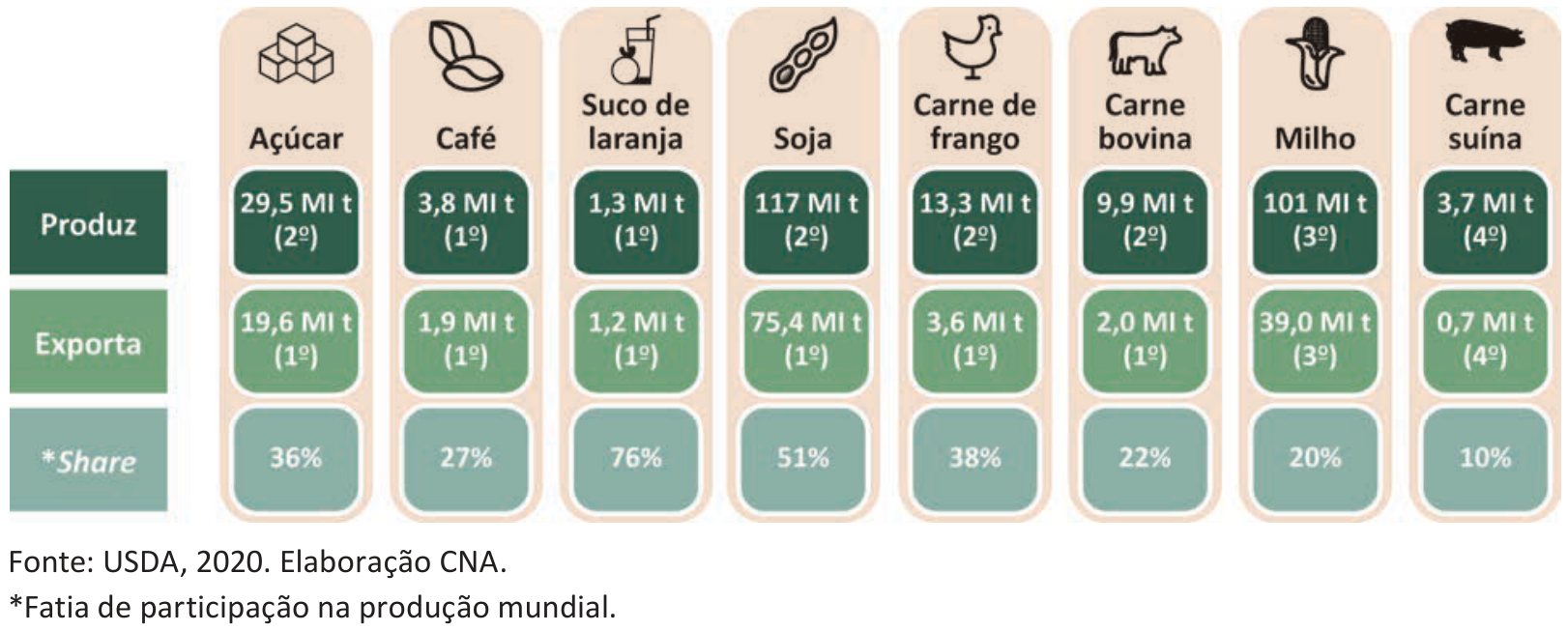 Infográfico com dados da produção e exportações brasileiras no ranking mundial em 2019 para oito produtos agropecuários: açúcar, café, suco de laranja, soja, carne de frango, carne bovina, milho e carne suína. Para cada produto, são indicados o volume e a posição no ranking em produção e exportação, além da fatia de participação (*Share) na produção mundial. Abaixo do infográfico constam a indicação de fonte e a legenda do asterisco.