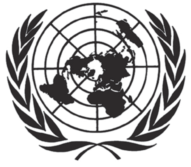 Símbolo oficial da Organização das Nações Unidas (ONU), representando um mapa-múndi em projeção azimutal equidistante centrada no Polo Norte, emoldurado por ramos cruzados de oliveira.