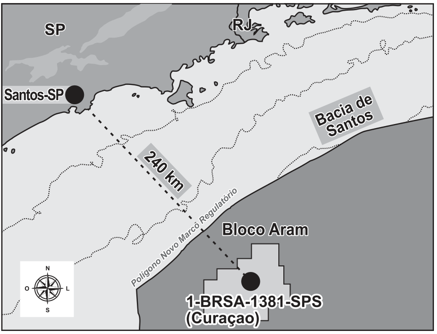 F1 Mapa mostrando o litoral dos estados de São Paulo (SP) e Rio de Janeiro (RJ) e a Bacia de Santos no oceano. Uma linha tracejada indica uma distância de 240 km entre a cidade de Santos-SP e o poço 1-BRSA-1381-SPS (Curaçao), localizado no Bloco Aram, ultrapassando o Polígono Novo Marco Regulatório. Há uma rosa dos ventos no canto inferior esquerdo.