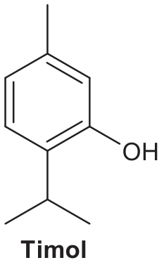 Fórmula estrutural do timol, composta por um anel aromático com um grupo metil na posição 1, uma hidroxila na posição 3 e um grupo isopropil na posição 4, acompanhada da legenda "Timol"