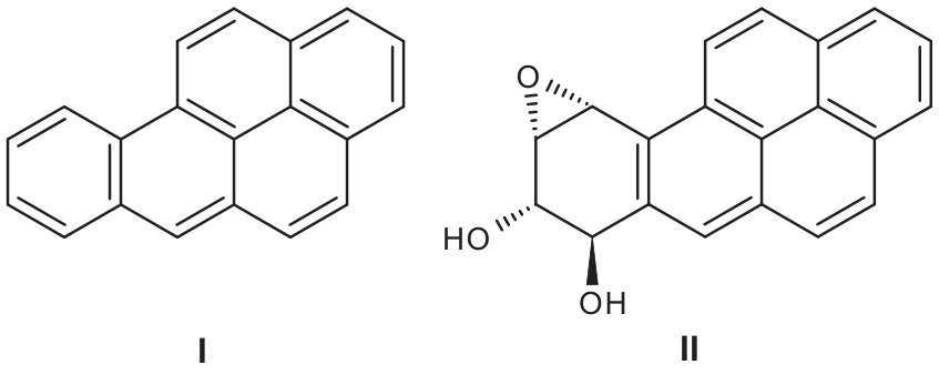 Estruturas químicas dos compostos I e II: o composto I é o benzopireno, formado por cinco anéis aromáticos fundidos; o composto II possui o anel terminal modificado com a presença de duas hidroxilas e um grupo epóxido.