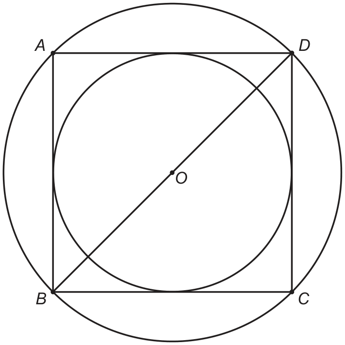 F1 Dois círculos concêntricos com centro O, entre os quais há um quadrado ABCD inscrito na circunferência maior e circunscrito à menor, com o segmento de diagonal BD passando pelo centro O.