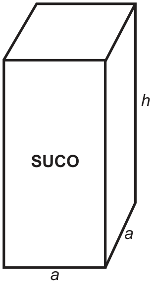 Prisma reto de base quadrada com a inscrição SUCO na face frontal, arestas da base indicadas por a e altura indicada por h.