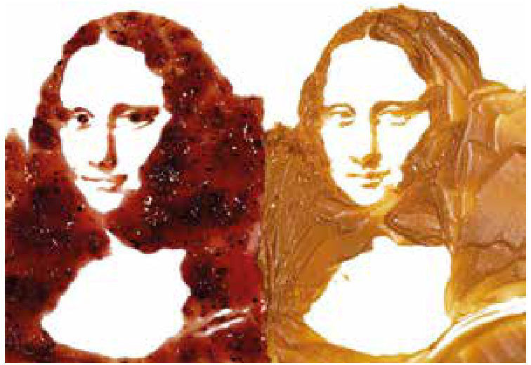 Reprodução da obra "Segundo Warhol: dupla Mona Lisa", de Vik Muniz, apresentando duas figuras da Mona Lisa lado a lado criadas com geleia escura e pasta de amendoim.