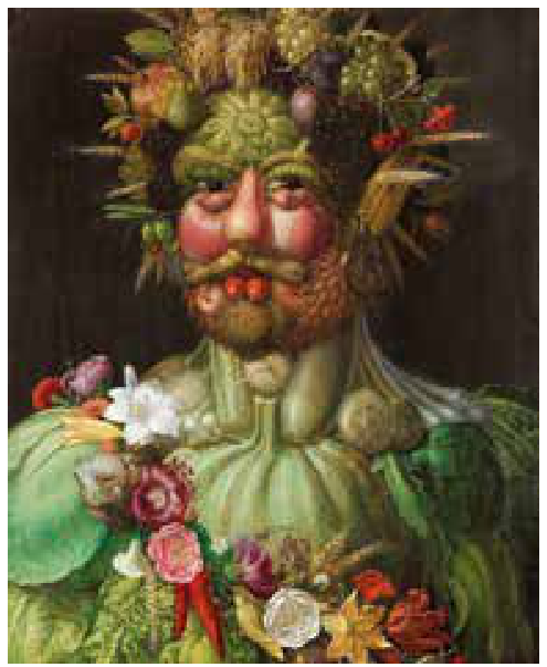 Pintura a óleo "Vertumnus (Imperador Rodolfo II)", de Giuseppe Arcimboldo, em que um busto humano é composto inteiramente por diversas frutas, legumes e flores.