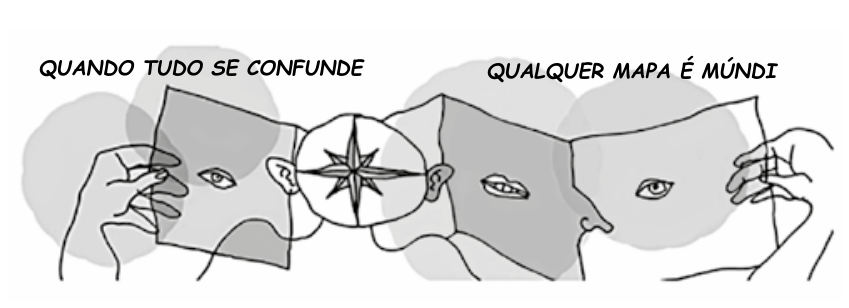 Cartum de Laerte apresentando um mapa dobrável aberto, segurado por duas mãos nas extremidades. As dobras do papel desenham fragmentos de feições humanas (olhos, boca, orelhas, nariz) e uma rosa dos ventos ao centro, acompanhados da frase "QUANDO TUDO SE CONFUNDE QUALQUER MAPA É MÚNDI".