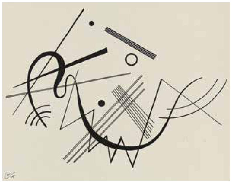 F1 Obra abstrata de Wassily Kandinsky, composta por composições geométricas em nanquim preto com linhas retas, curvas e em zigue-zague, feixes de linhas paralelas e hachuras, além de dois pontos pretos preenchidos e uma pequena circunferência vazada.