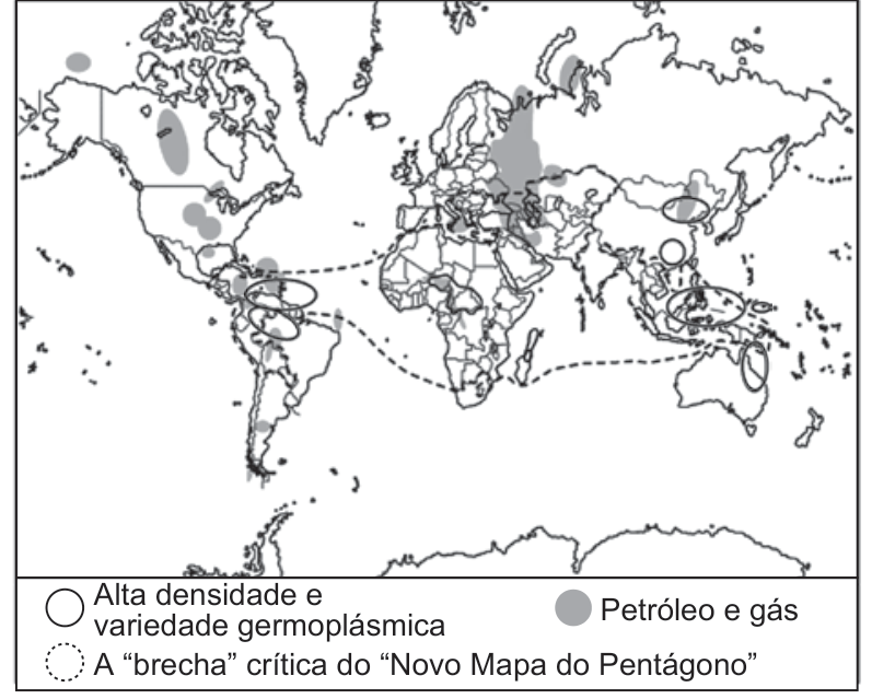 F1 Mapa-múndi com áreas destacadas segundo a legenda: círculos ou elipses com contorno indicando "Alta densidade e variedade germoplásmica"; áreas preenchidas em cinza indicando "Petróleo e gás"; e uma linha tracejada englobando a América Latina, África, Oriente Médio, Sul e Sudeste Asiático indicando "A 'brecha' crítica do 'Novo Mapa do Pentágono'".