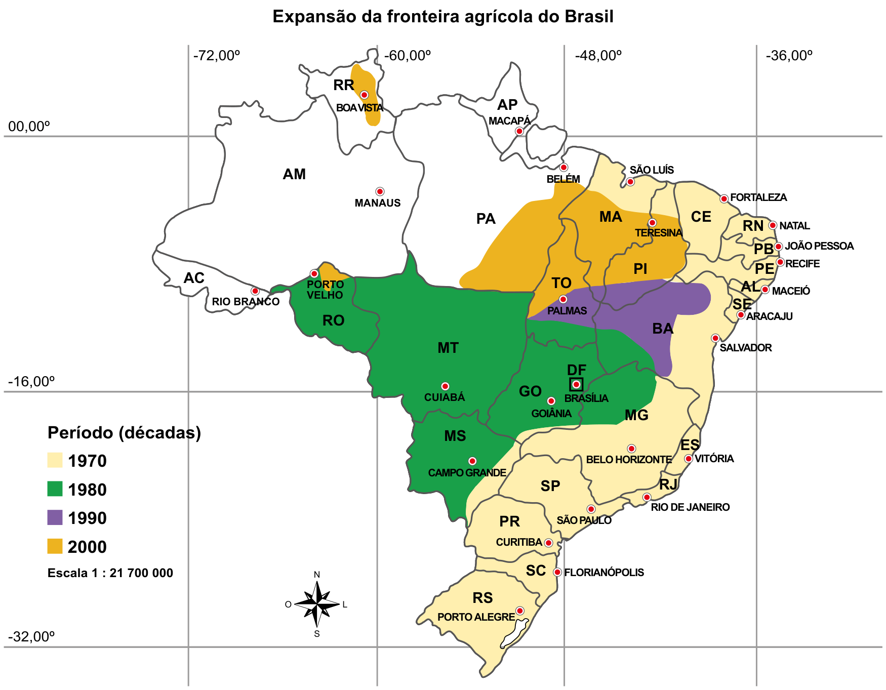 Mapa do Brasil intitulado "Expansão da fronteira agrícola do Brasil", com indicação das décadas de avanço da fronteira agrícola: 1970 abrangendo as regiões Sul, Sudeste e Nordeste; 1980 abrangendo o Centro-Oeste (MS, MT, GO, DF) e áreas de RO e MG; 1990 no oeste da Bahia e leste de Tocantins; e 2000 na região de transição com a Amazônia e MATOPIBA (TO, MA, PI, leste do PA e trecho de RR).