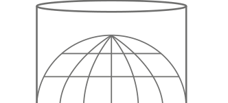 Parte superior de um cilindro envolvendo um globo com paralelos e meridianos; o cilindro toca o globo na Linha do Equador.