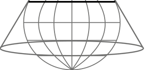 Parte inferior do cone e do globo; um paralelo ao norte do Equador está destacado em preto na região de contato com o cone.