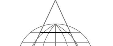 Parte superior de um cone que atravessa um globo com paralelos e meridianos; um paralelo ao norte do Equador está destacado em preto.