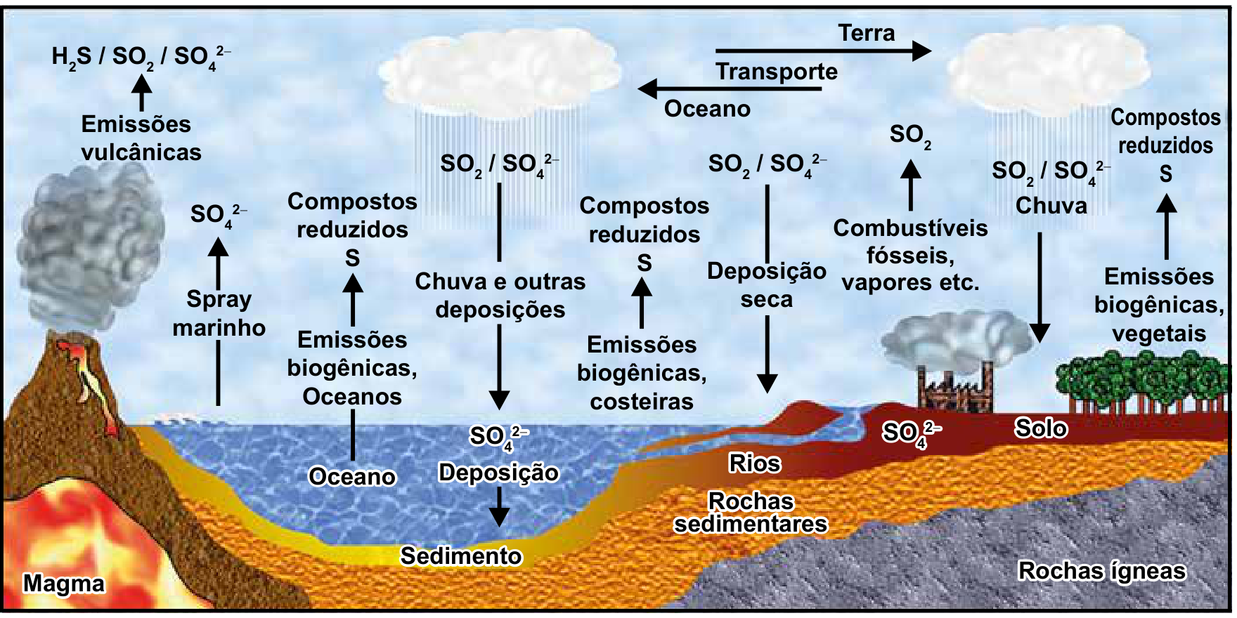 F1 Esquema ilustrado do ciclo biogeoquímico do enxofre, mostrando emissões vulcânicas de H2S, SO2 e SO4(2-), spray marinho, emissões biogênicas oceânicas e costeiras de compostos reduzidos de S, precipitação e deposição de SO2 e SO4(2-) sobre o oceano e sedimentos; transporte atmosférico entre oceano e terra; emissões de SO2 por queima de combustíveis fósseis e indústrias, deposição seca e chuva contendo SO2 e SO4(2-) sobre rios e solos, e emissões biogênicas pela vegetação.