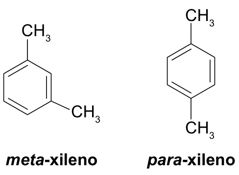 Fórmulas estruturais do meta-xileno e do para-xileno