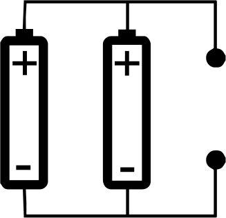 F1 Duas pilhas com a mesma orientação conectadas em paralelo: polos positivos interligados e polos negativos interligados, cada extremidade ligada a um terminal.