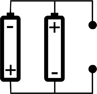 F4 Duas pilhas com orientações opostas conectadas em paralelo, com o polo negativo da primeira e o positivo da segunda interligados no topo, e o positivo da primeira e o negativo da segunda interligados na base.