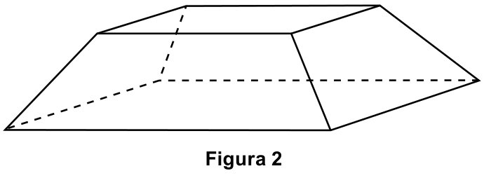 Desenho em perspectiva de um sólido geométrico com faces retangulares superior e inferior paralelas e quatro faces laterais trapezoidais, com linhas tracejadas representando as arestas não visíveis, acompanhado da legenda Figura 2.