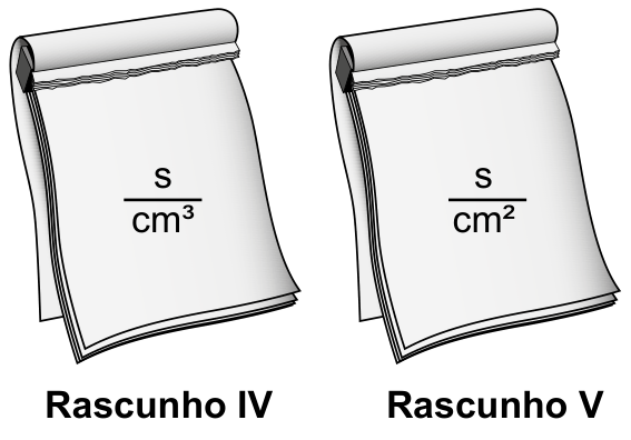 Dois blocos de notas lado a lado contendo frações: Rascunho IV com s/cm³; e Rascunho V com s/cm².