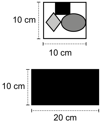 F2 Retalho de 10 cm × 10 cm com uma faixa preta na parte superior, um losango cinza e uma elipse cinza; abaixo, retalho de 10 cm × 20 cm inteiramente preto.