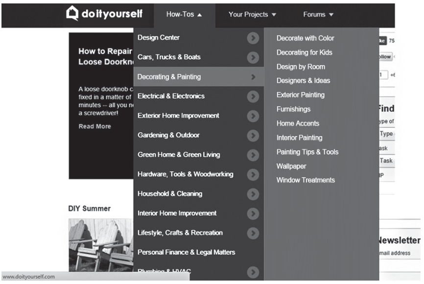 Captura de tela da página do site doityourself.com, com o menu "How-Tos" aberto listando tópicos como Design Center, Cars, Trucks & Boats, Decorating & Painting, Electrical & Electronics, entre outros.