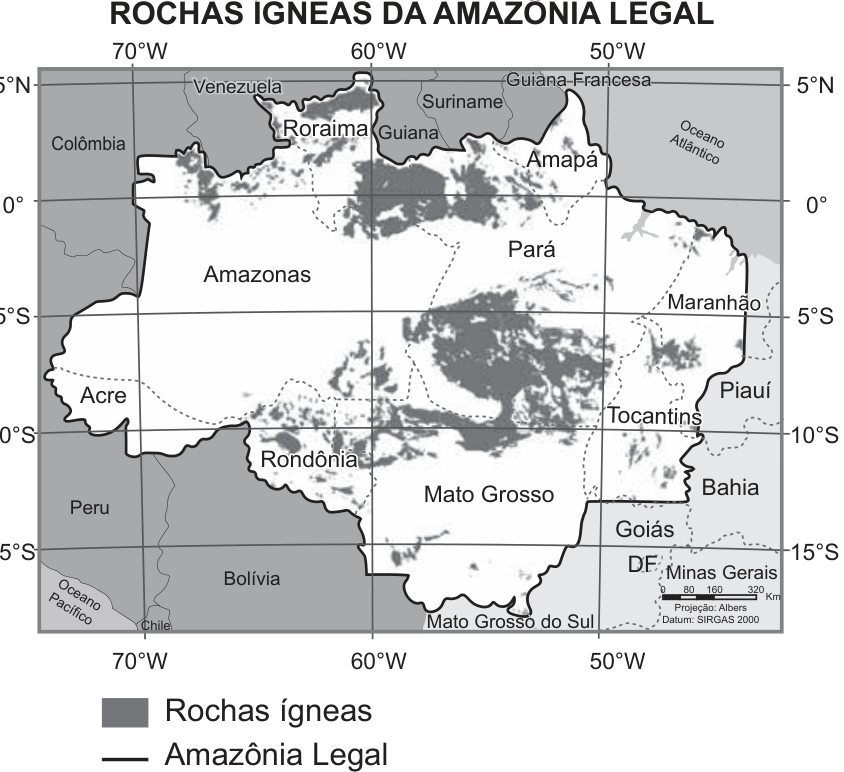 Mapa da Amazônia Legal destacando a distribuição espacial de rochas ígneas.