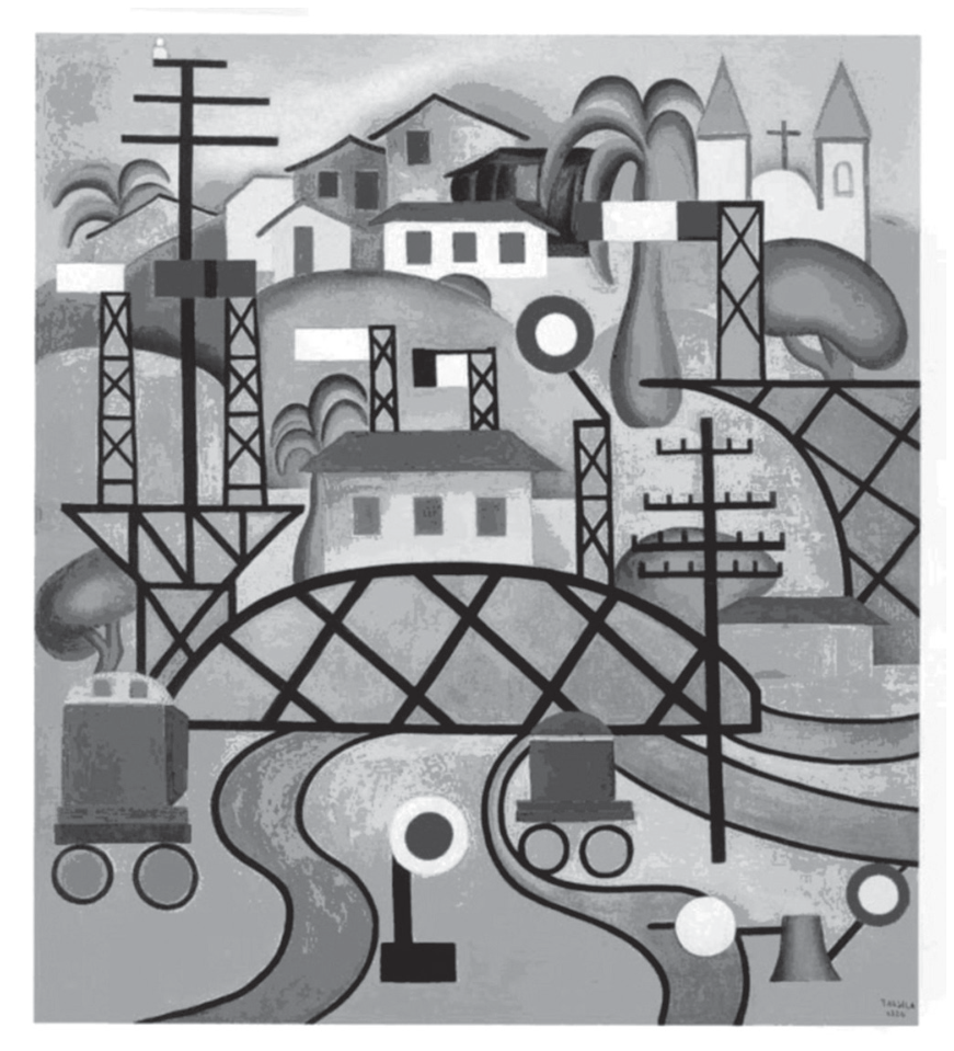 Pintura modernista retratando uma paisagem urbana e ferroviária em formas geométricas estilizadas, com trilhos, pontes de ferro, postes de iluminação e telegrafia, casas coloniais, vagões de trem, igreja ao fundo e vegetação misturada à infraestrutura moderna.