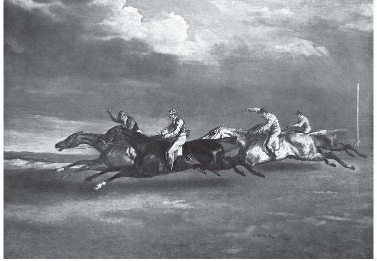 Pintura a óleo retratando quatro jóqueis montando cavalos a galope durante uma corrida em campo aberto, com patas dianteiras e traseiras simultaneamente estendidas no ar.