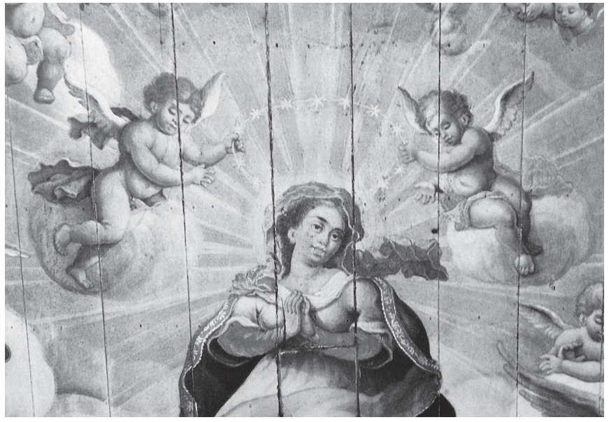 Detalhe da pintura barroca de Manuel da Costa Ataíde no forro da Igreja de São Francisco de Assis, retratando Nossa Senhora de feições mestiças ladeada por querubins.