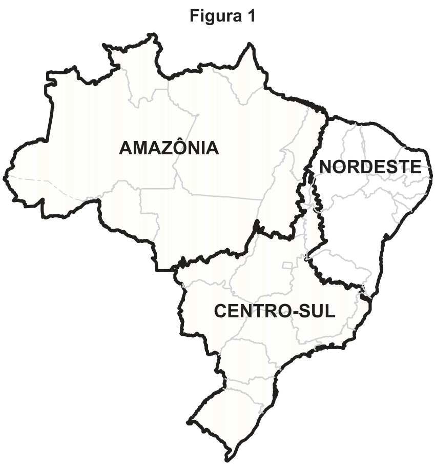Mapa do Brasil dividido em três complexos geoeconômicos: Amazônia, Nordeste e Centro-Sul.