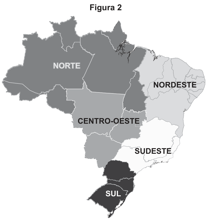 Mapa do Brasil com a divisão regional oficial do IBGE em cinco grandes regiões: Norte, Nordeste, Centro-Oeste, Sudeste e Sul.