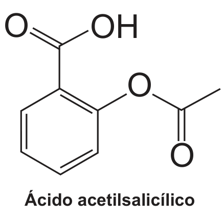 Fórmula estrutural do ácido acetilsalicílico, constituída por um anel benzênico ligado a um grupo carboxila e a um grupo éster acetato, com a legenda "Ácido acetilsalicílico".