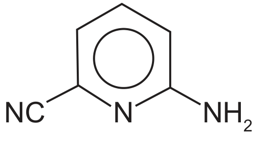 Estrutura química da 2-amino-6-cianopiridina, composta por um anel aromático de seis membros contendo um nitrogênio (N) no vértice inferior, conectado a um grupo ciano (NC) à esquerda e a um grupo amino (NH2) à direita.