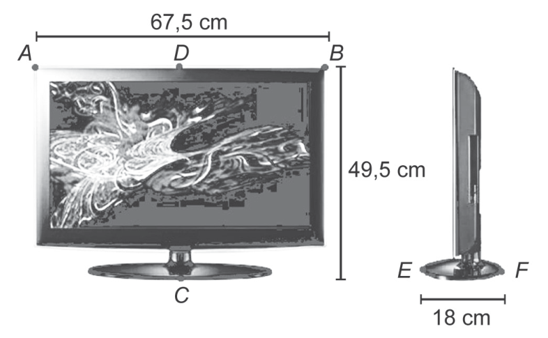 Dimensões do televisor: em vista frontal, comprimento de 67,5 cm entre os pontos A e B, e altura de 49,5 cm do ponto B à base no ponto C; em vista lateral, largura da base de 18 cm entre os pontos E e F.