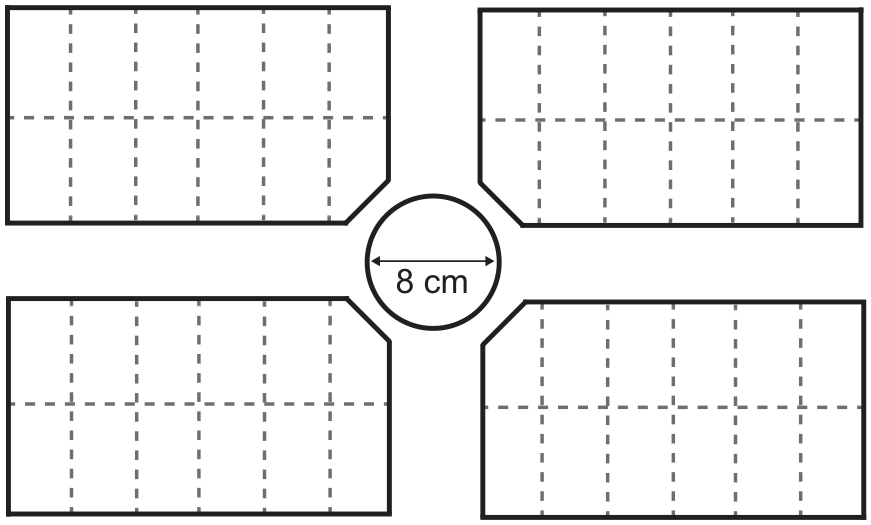 Planta de parte de um loteamento com quatro quadras subdivididas em lotes por linhas tracejadas, contornando uma área circular central com uma seta horizontal indicando o diâmetro de 8 cm.
