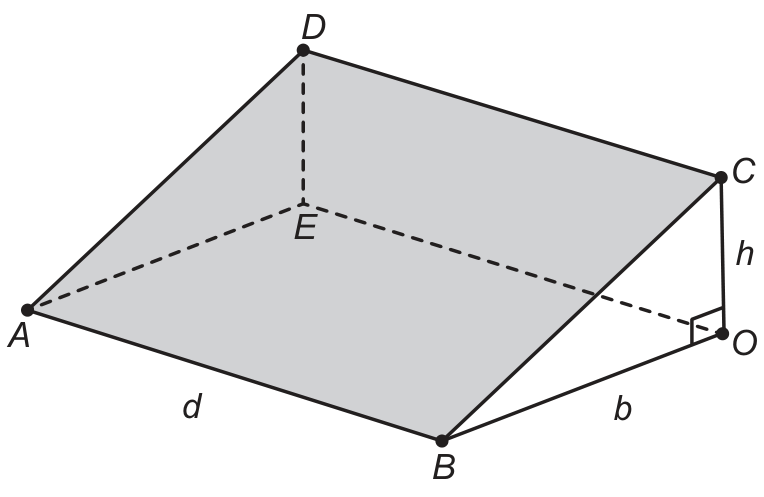 Esboço tridimensional de um telhado, representado pela superfície plana ABCD apoiada sobre a base ABOE, com triângulo retângulo BOC em O, altura h entre O e C, base b ao longo de OB e largura d dada pelo segmento AB.