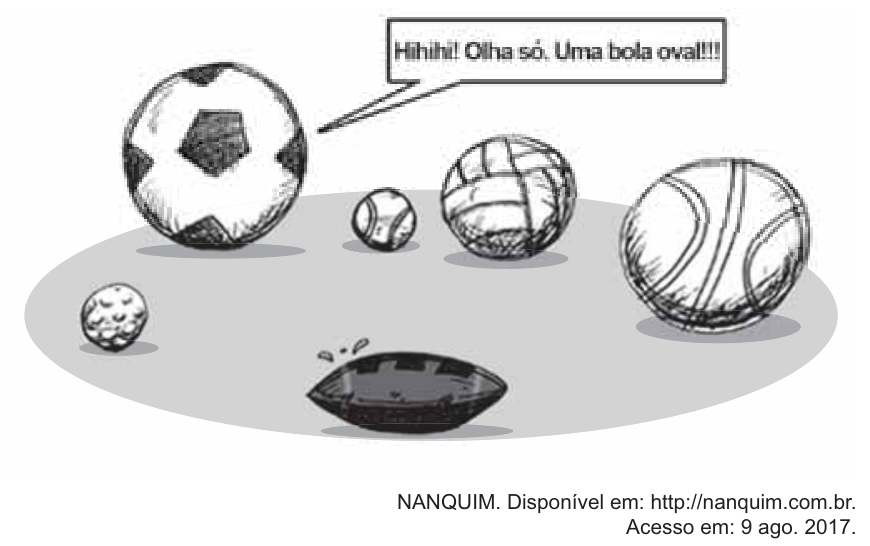 Cartum com várias bolas de esporte esféricas (futebol, tênis, vôlei, basquete, golfe) ao redor de uma bola de futebol americano oval que chora no chão. A bola de futebol aponta para ela e diz: "Hihihi! Olha só. Uma bola oval!!!".