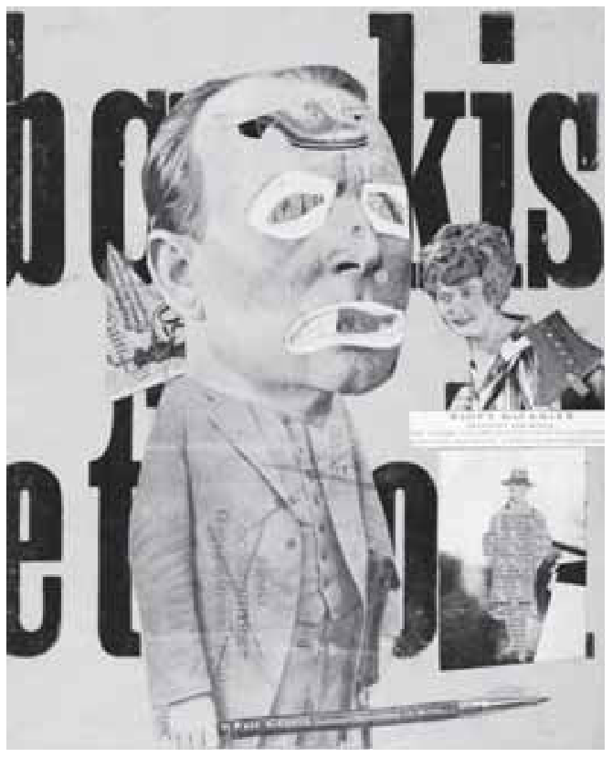 Fotocolagem e litografia "O crítico de arte", de Raoul Hausmann, que apresenta uma figura caricata de terno com cabeça desproporcional, colagens sobre os olhos e a boca, e um lápis grande abaixo, sobre um fundo com recortes de jornal e figuras secundárias.