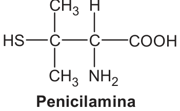 Fórmula estrutural plana da penicilamina: HS—C(CH₃)₂—CH(NH₂)—COOH; abaixo, o nome Penicilamina.
