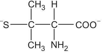 Estrutura ⁻S—C(CH₃)₂—CH(NH₂)—COO⁻.