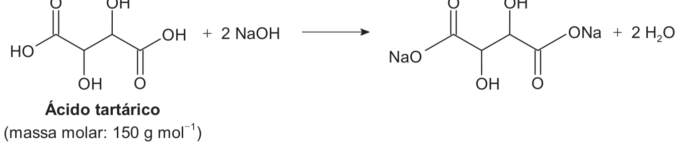 Equação química da neutralização total do ácido tartárico com hidróxido de sódio: a molécula de ácido tartárico reage com 2 NaOH, formando o sal tartarato dissódico e 2 H₂O. Abaixo do reagente, lê-se: "Ácido tartárico (massa molar: 150 g mol⁻¹)".